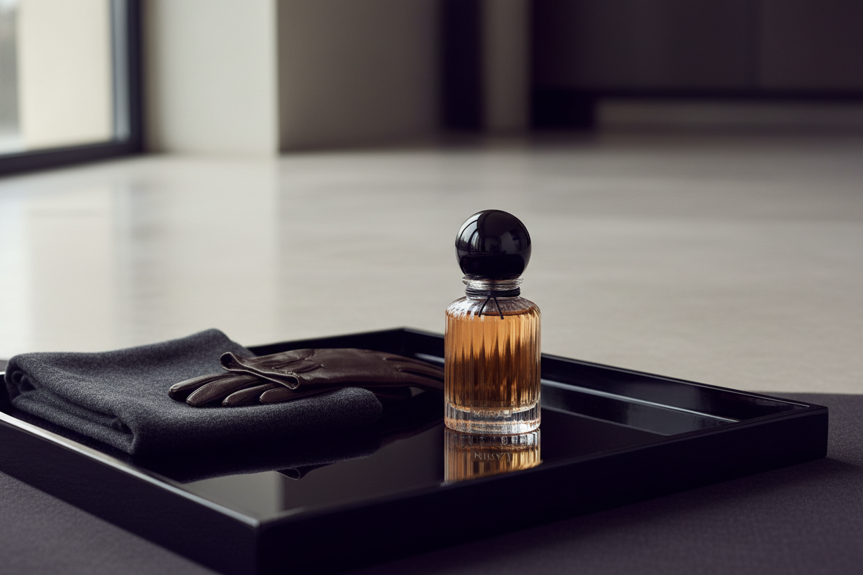 Miraj Vesper bottle on ebony tray with cashmere and leather