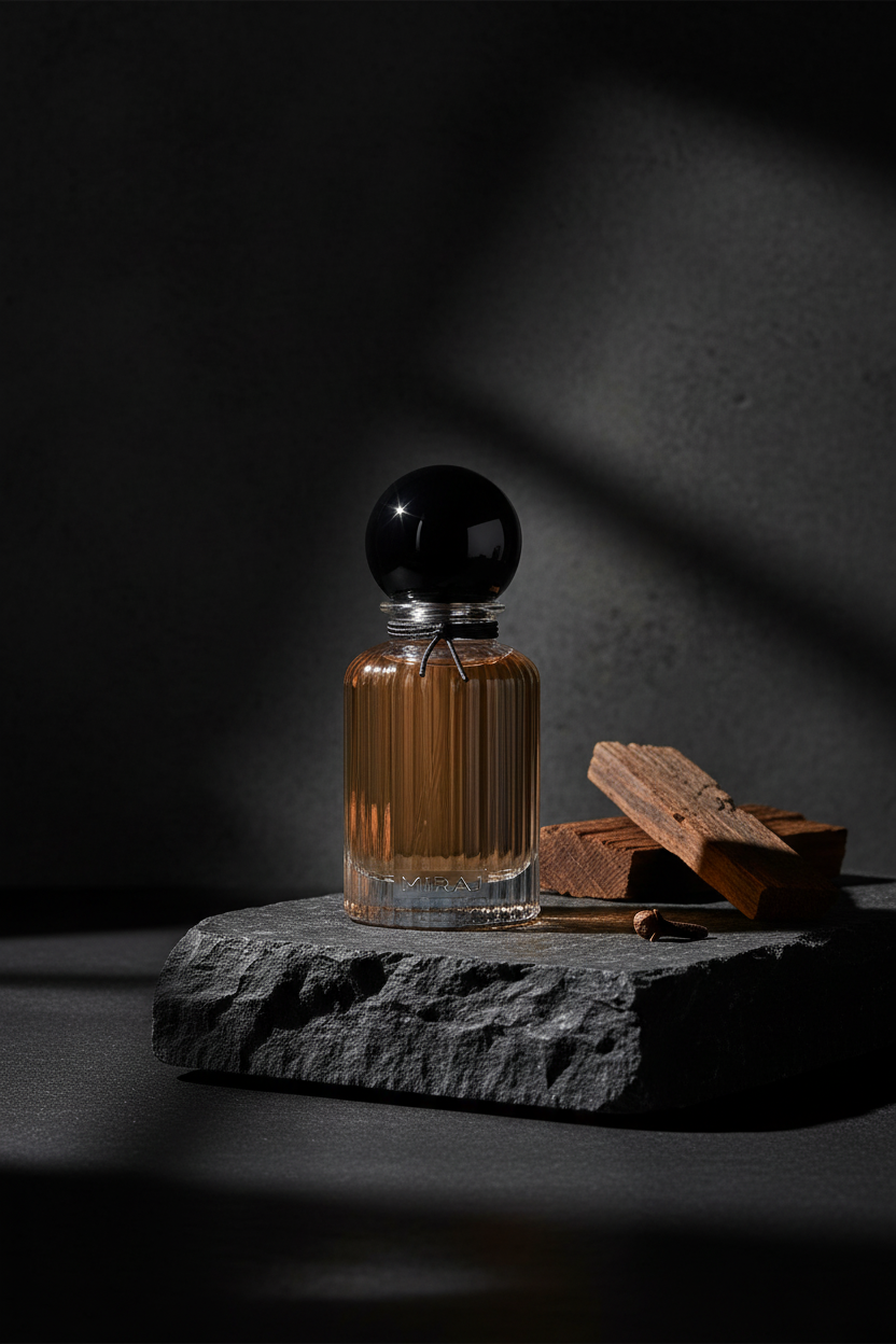 Miraj Vesper bottle on basalt stone with cedar and clove